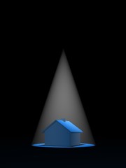 Blue schematic house in the spot light