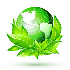 3D Vector Eco Concept with Leafs surrounding the Earth Globe