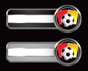 Soccer ball and penalty cards on striped banners