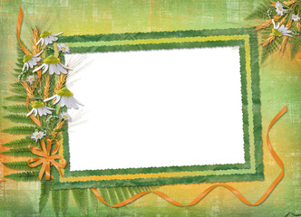Green abstract background with frame and floral beautiful bouque