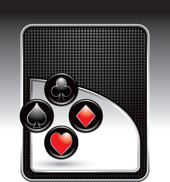 Playing card suits on black checkered background
