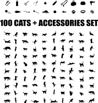 100 cats and accessories icons set, vector pet emblem, cats staf