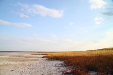 Coast salt lake. salty sand. Hot summer.