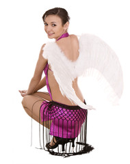 Girl in costume of angel on halloween. Isolated.