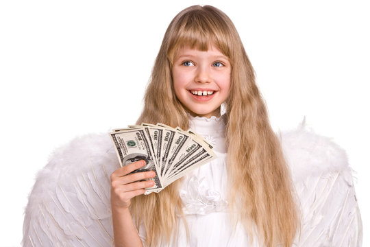 Girl In Angel Costume With Dollar Money. Isolated.