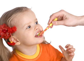 Child clean brush one's teeth. Child care. Isolated.