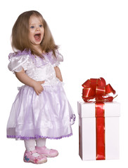 Girl in costume of doll with gift box. Isolated.
