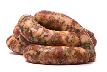 Raw sausages on white background