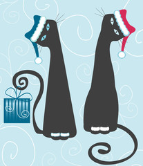 Whimsical Cats in Santa Hats with Christmas Gift