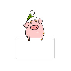 Pig with empty board in green santa's hat