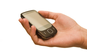 Hand holding a touch screen mobile phone
