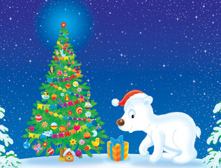 Polar Bear wearing Christmas cap near Christmas tree