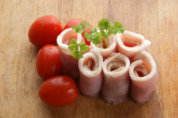 rolled smoked bacon, organic tomato and parsley