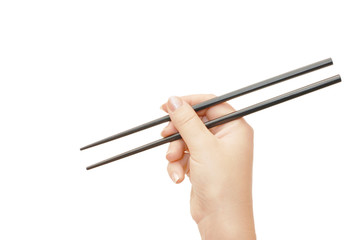 Chopsticks in a hand isolated on white