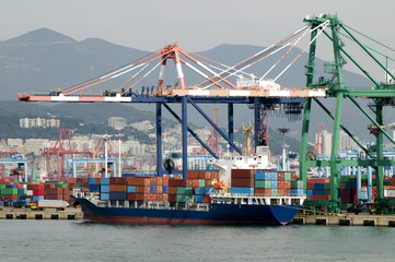 Container ship during load operations