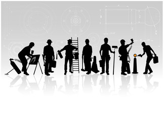 Construction workers with tools on technical background