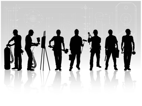 Construction workers with tools on technical background