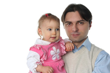 Young father and his little daughter isolated on white