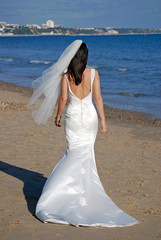 Fototapeta na wymiar Beautiful bride walking along beach