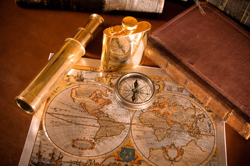 antique compass  And old map