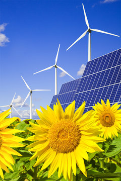 Wind turbines and solar panels on sunflowers field