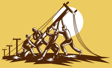 Team of linemen raising up electricity post