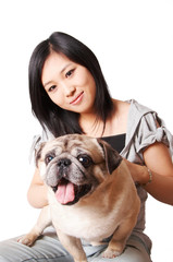 woman and pug dog