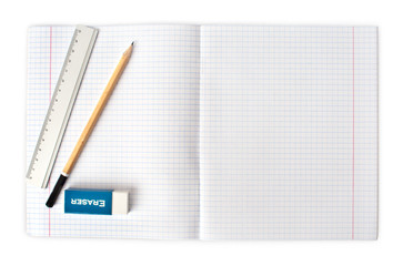 opened blank notebook with pencil and eraser