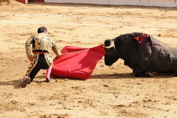 Papier Peint photo Lavable Tauromachie Matador et taureau au sol