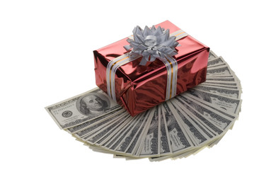 Gift box on dollars money fan.