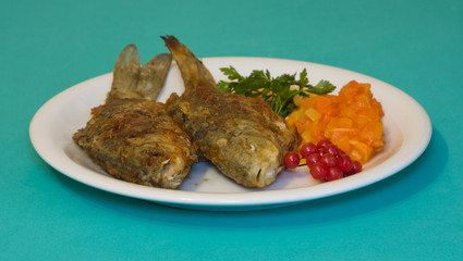 Fried fish in plate on a green background