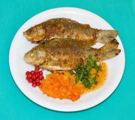 Fried fish in plate on a green background