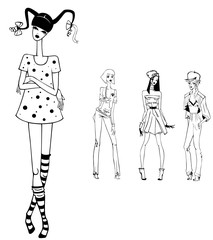 set of silhouettes of young beautiful girls on a background