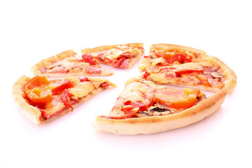 Tasty sliced pizza isolated on white