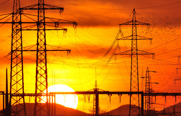 Die Sonne geht blutrot hinter einem E - Werk unter.