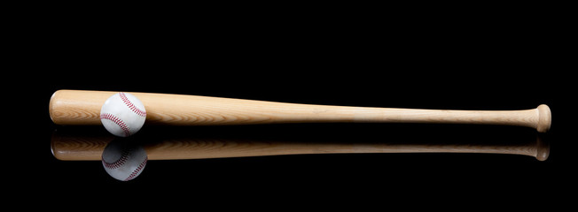 Baseball and bat on black