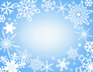 snowflakes bordering a white oval in the middle of blue sky