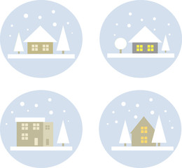 Obraz na płótnie Canvas Icons: Verschneite Winterlandschaft mit Häusern (vierteilig)