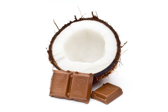 Halved coconut with chocolate blocks