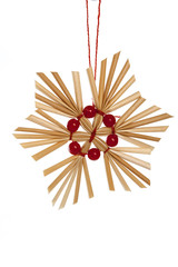 Straw christmas ornament, handmade, on white background