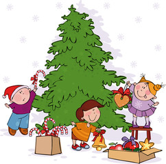 Little kids decorate a Christmas tree.