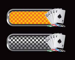 Playing cards and chips on orange and black checkered banners