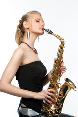 sensual pretty blonde with saxophone kissing isolated on white