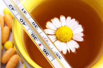 Tea with Chamomile thermometer and pills
