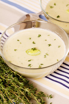 Homemade Creamy Mushrooms Soup Leeks, Celery With Thyme