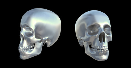 Two views of a human metallic skull on a black background