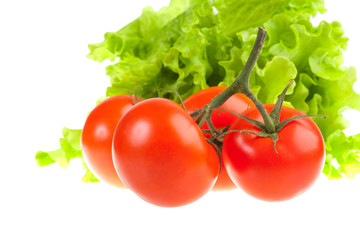 Ripe red tomatoes and green leaves of salad. Ñïåëûå êðàñíûå  ïîì