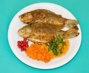 Fried fish in plate on a green background