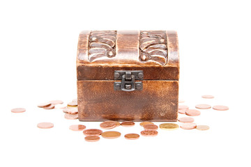 A wooden ancient chest full of money..