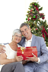Obraz na płótnie Canvas Senior couple holding a Christmas present
